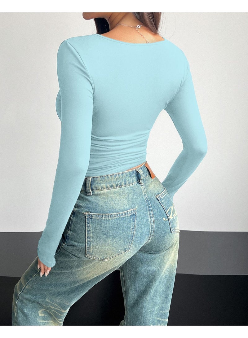 general 2026 Elegant Women's Long-Sleeved Square-Neck Crop Top, Long-Sleeved Pullover Tight-Fitting Casual Fashion Top, Y2K Style Top, T-Shirt - Image 4
